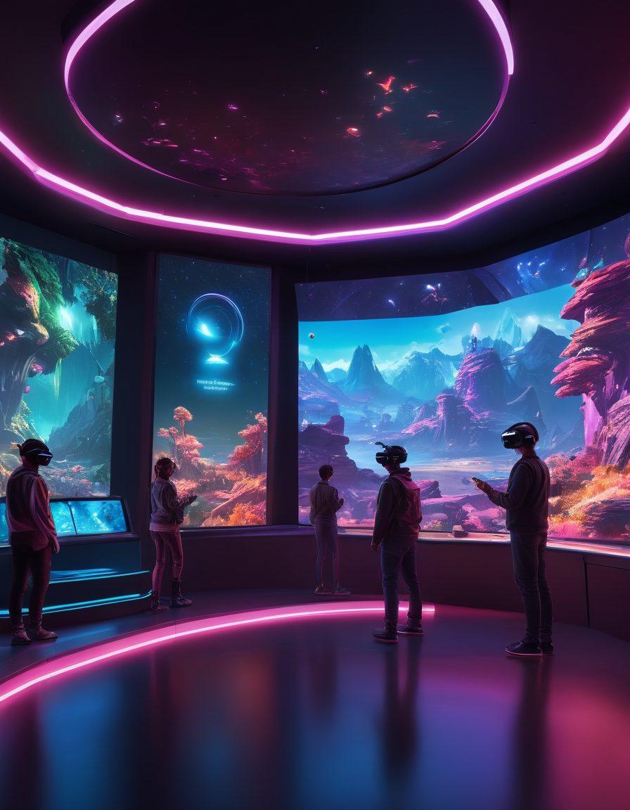 A futuristic gaming room with players wearing high-tech VR headsets, immersed in a holographic multiplayer environment displaying vibrant landscapes and interactive characters. Include a glowing digital scoreboard and organic shapes that suggest innovation and technology. The setting is illuminated with neon lights, creating a dynamic atmosphere of excitement. super-realistic. vibrant colors. 3D.