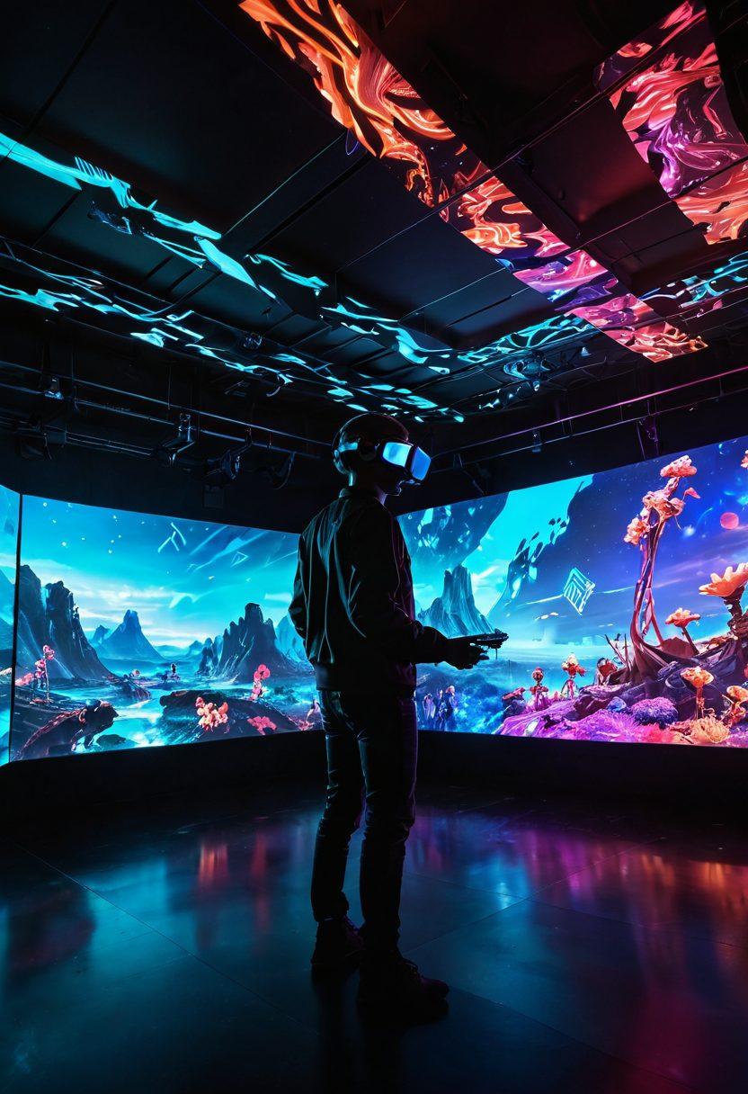 An intricately designed virtual reality gaming setting, showcasing a player fully immersed in a breathtaking futuristic landscape with vibrant digital creatures and holographic interfaces surrounding them. Incorporate elements like glowing game controllers, a holographic display of stats, and a panoramic view of an expansive digital world. The atmosphere should be filled with energy and excitement, reflecting the latest trends in gaming technology. surreal, neon colors. dynamic composition.